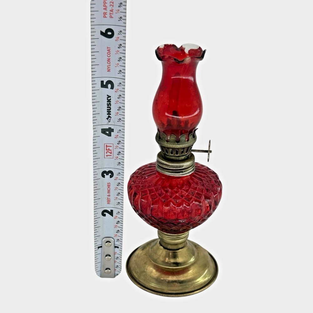 Ruby Red Miniature 5.5" Oil Lamp Hong Kong Glass Brass Finger Lamp Decor Vintage